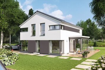 FingerHaus MEDLEY 410 – modernes zweigeschossiges Einfamilienhaus mit Satteldach, weiß-grauer Fassade und großen Fenstern. Im Garten befinden sich eine Terrasse mit Sitzmöbeln, ein Spielbereich mit Rutsche, Rasenfläche und Steinweg.