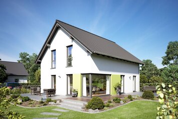 Visualisierung des Hauskonzepts MEDLEY 310 B S130 von FingerHaus mit modernem Satteldach und großzügigem Gartenbereich.