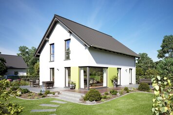 Visualisierung des Hauskonzepts MEDLEY 310 B S130 von FingerHaus mit modernem Satteldach und großzügigem Gartenbereich.