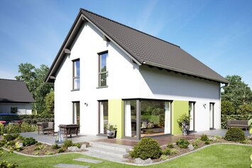 Visualisierung des Hauskonzepts MEDLEY 310 B S130 von FingerHaus mit modernem Satteldach und großzügigem Gartenbereich.