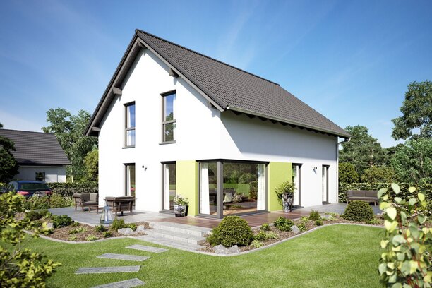 Visualisierung des Hauskonzepts MEDLEY 310 B S130 von FingerHaus mit modernem Satteldach und großzügigem Gartenbereich.
