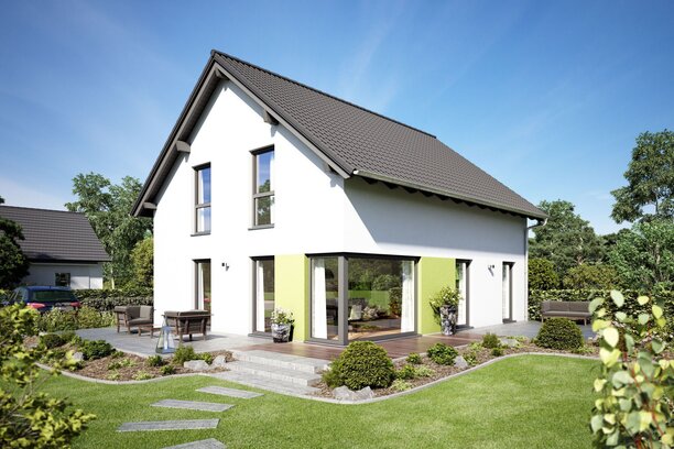 Visualisierung des Hauskonzepts MEDLEY 310 B S130 von FingerHaus mit modernem Satteldach und großzügigem Gartenbereich.