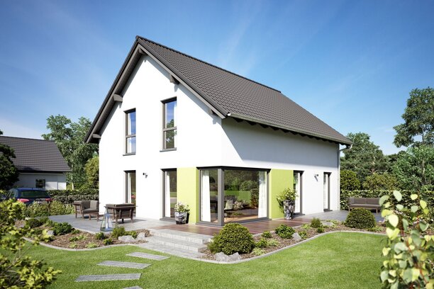 Visualisierung des Hauskonzepts MEDLEY 310 B S130 von FingerHaus mit modernem Satteldach und großzügigem Gartenbereich.