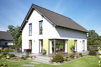 Visualisierung des Hauskonzepts MEDLEY 310 B S130 von FingerHaus mit modernem Satteldach und großzügigem Gartenbereich.