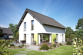 Visualisierung des Hauskonzepts MEDLEY 310 B S130 von FingerHaus mit modernem Satteldach und großzügigem Gartenbereich.