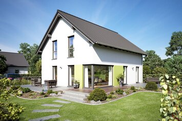 Visualisierung des Hauskonzepts MEDLEY 310 B S130 von FingerHaus mit modernem Satteldach und großzügigem Gartenbereich.