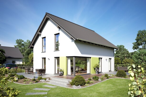 Visualisierung des Hauskonzepts MEDLEY 310 B S130 von FingerHaus mit modernem Satteldach und großzügigem Gartenbereich.