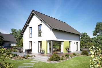 Visualisierung des Hauskonzepts MEDLEY 310 B S130 von FingerHaus mit modernem Satteldach und großzügigem Gartenbereich.