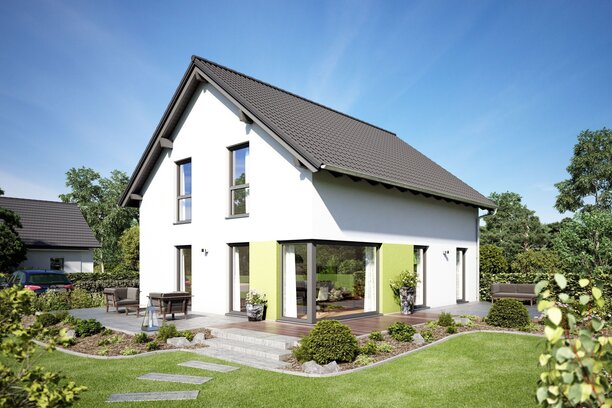 Visualisierung des Hauskonzepts MEDLEY 310 B S130 von FingerHaus mit modernem Satteldach und großzügigem Gartenbereich.