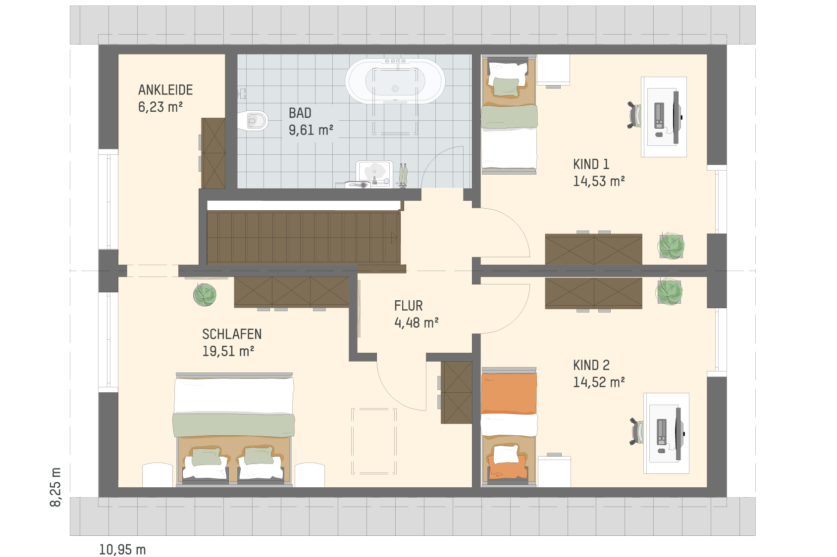 Grundriss Dachgeschoss eines frei geplanten Einfamilienhauses mit Schlafzimmer, Ankleide, Bad, zwei Kinderzimmern und Flur.