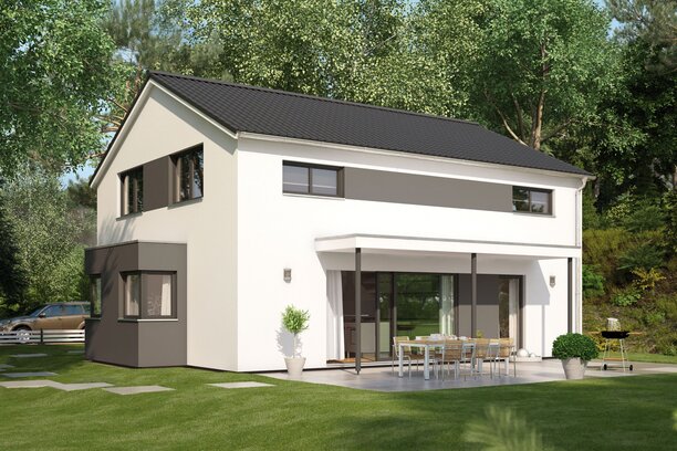 Hauskonzept MEDLEY 400 B S215 von FingerHaus mit klassischem Satteldach und gepflegtem Garten.