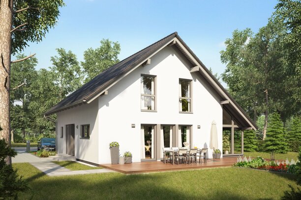 Visualisierung des Hauskonzepts MEDLEY 311 A S100 von FingerHaus mit klassischem Satteldach und großzügiger Terrasse.