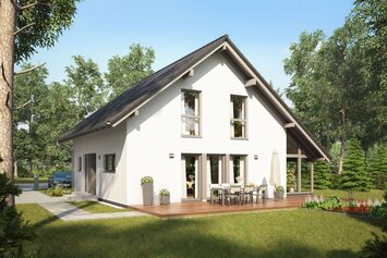 Visualisierung des Hauskonzepts MEDLEY 311 A S100 von FingerHaus mit klassischem Satteldach und großzügiger Terrasse.