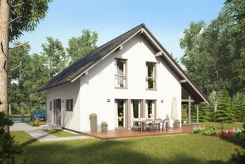 Visualisierung des Hauskonzepts MEDLEY 311 A S100 von FingerHaus mit klassischem Satteldach und großzügiger Terrasse.