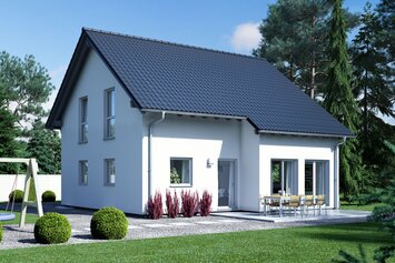 FingerHaus UNO S130 – Einfamilienhaus mit Satteldach, heller Putzfassade und seitlichem Erker mit Flachdach. Der Garten zeigt eine Rasenfläche, eine Terrasse mit Gartenmöbeln und Ziersträucher.