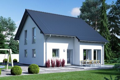 FingerHaus UNO S130 – Einfamilienhaus mit Satteldach, heller Putzfassade und seitlichem Erker mit Flachdach. Der Garten zeigt eine Rasenfläche, eine Terrasse mit Gartenmöbeln und Ziersträucher.