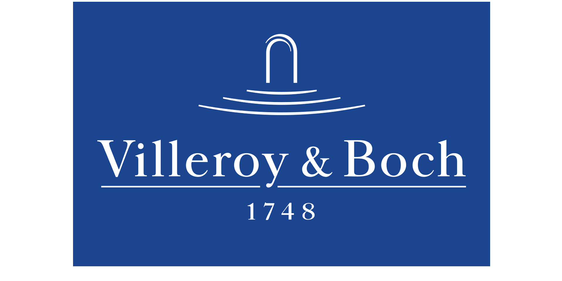 Logo „Villeroy & Boch 1748“ mit stilisiertem Brunnen-Symbol in Weiß auf blauem Hintergrund
