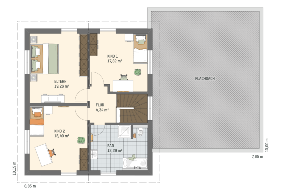 Grundriss des Dachgeschosses im ALTERO 7 M5 mit Elternschlafzimmer, zwei Kinderzimmern, Badezimmer, Flur, Treppenaufgang und angrenzender Flachdachfläche