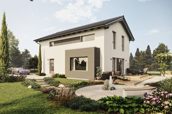 FingerHaus TALO 211 – Einfamilienhaus mit Satteldach, heller Fassade und Erker mit Flachdach. Im Garten sind Rasen, Blumenbeete, ein Holzzaun und eine Terrasse sichtbar.