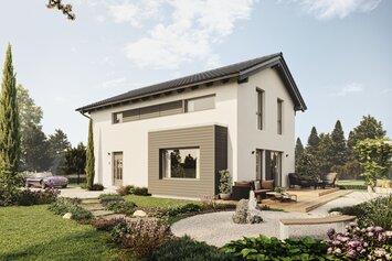 FingerHaus TALO 211 – Einfamilienhaus mit Satteldach, heller Fassade und Erker mit Flachdach. Im Garten sind Rasen, Blumenbeete, ein Holzzaun und eine Terrasse sichtbar.