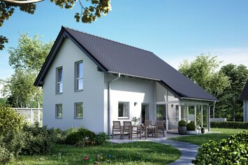 FingerHaus UNO S130 – klassisches Einfamilienhaus mit Satteldach, heller Fassade und überdachter Terrasse. Im Garten befinden sich Rasen, Sitzgruppe und ein geschwungener Weg.