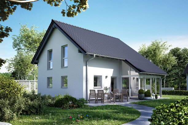 FingerHaus UNO S130 – klassisches Einfamilienhaus mit Satteldach, heller Fassade und überdachter Terrasse. Im Garten befinden sich Rasen, Sitzgruppe und ein geschwungener Weg.