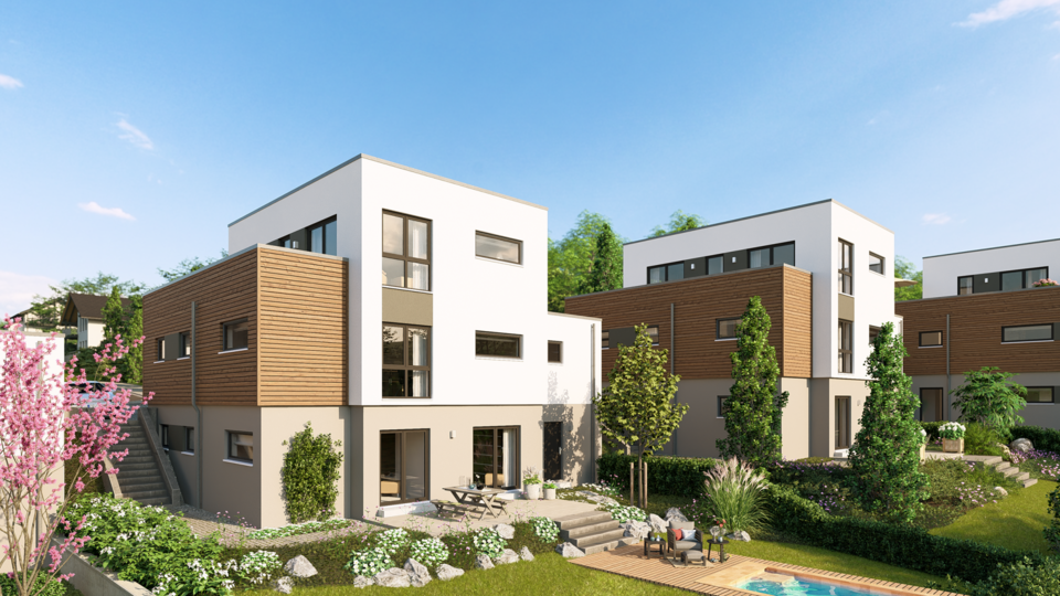 Visualisierung moderner Stadthäuser im Neubaugebiet Marburg-Wehrda mit Flachdach, Holz- und Putzfassaden, Terrassen und begrünten Gärten in Hanglage.