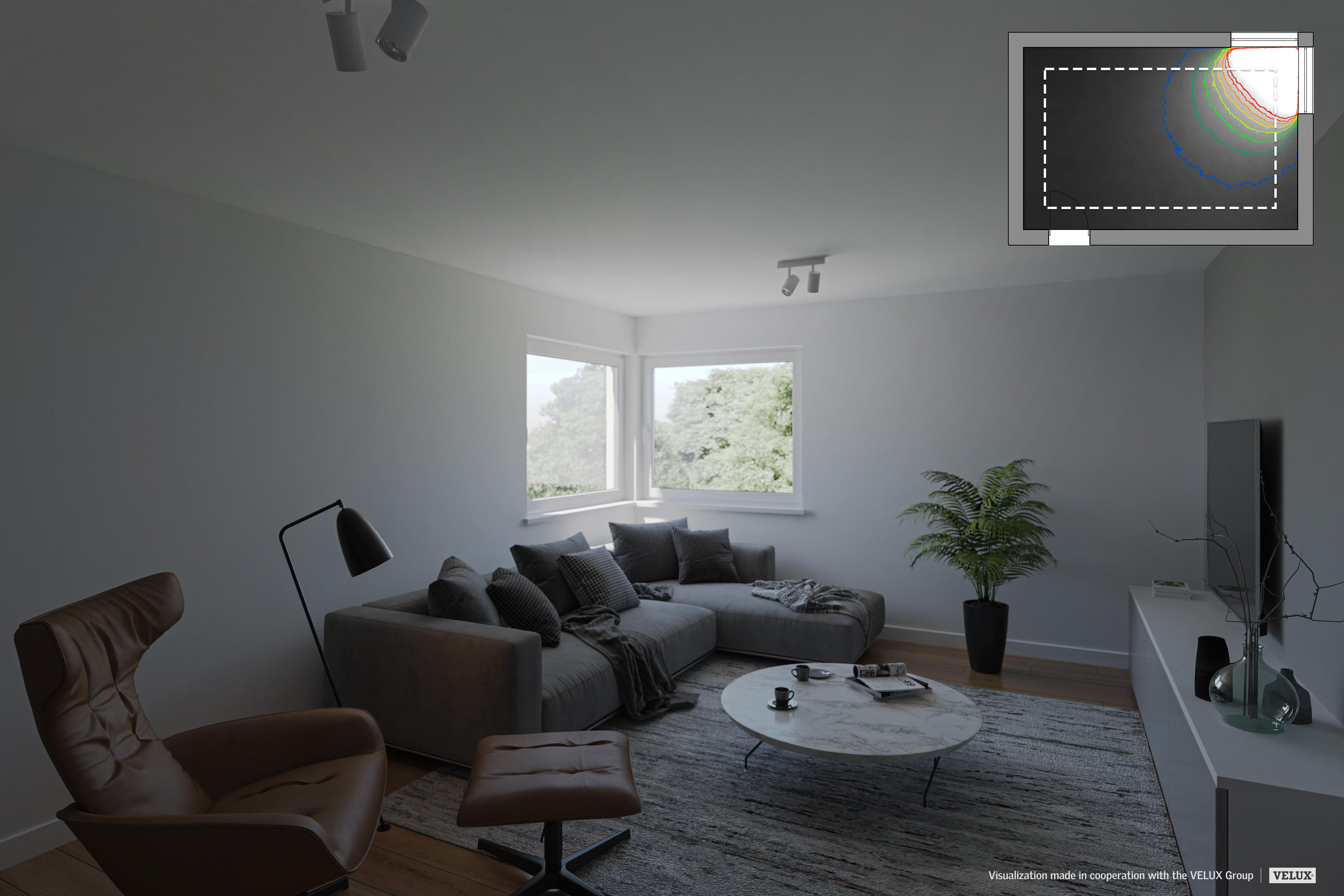 Wohnzimmer mit Ecksofa, Sessel mit Hocker, runden Couchtisch, großem Teppich, TV auf Sideboard und Pflanze vor weißer Wand mit zwei Fenstern