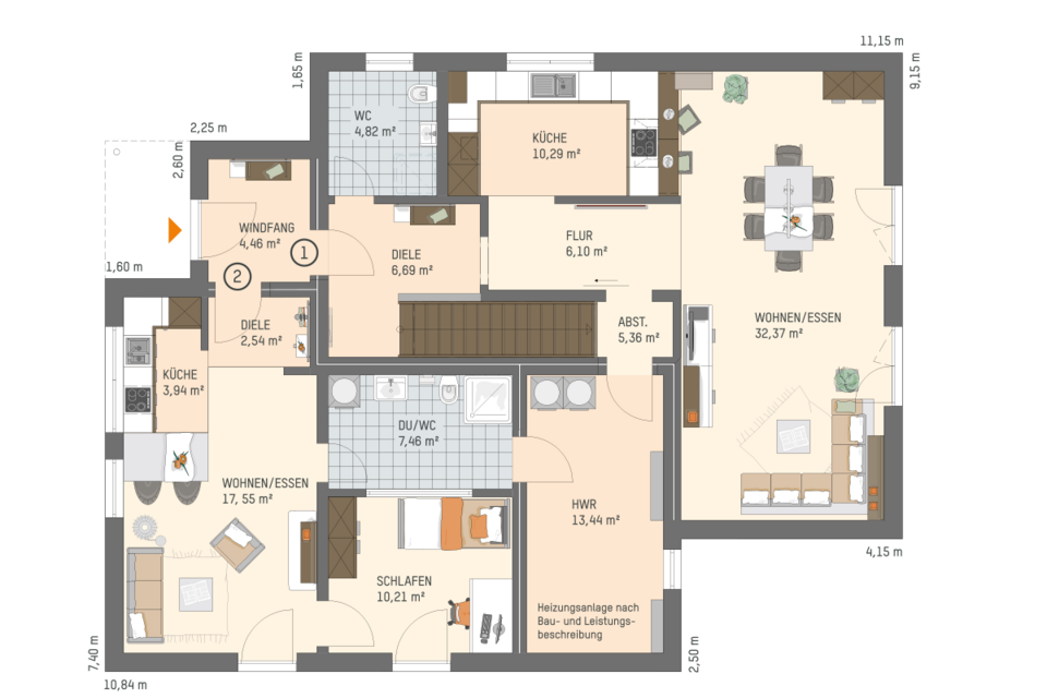 Grundriss Erdgeschoss Hausmodell ALTERO 3 mit Wohn-Essbereich, Küche, Schlafzimmer, Diele, WC, Bad, Hauswirtschaftsraum und Abstellraum.