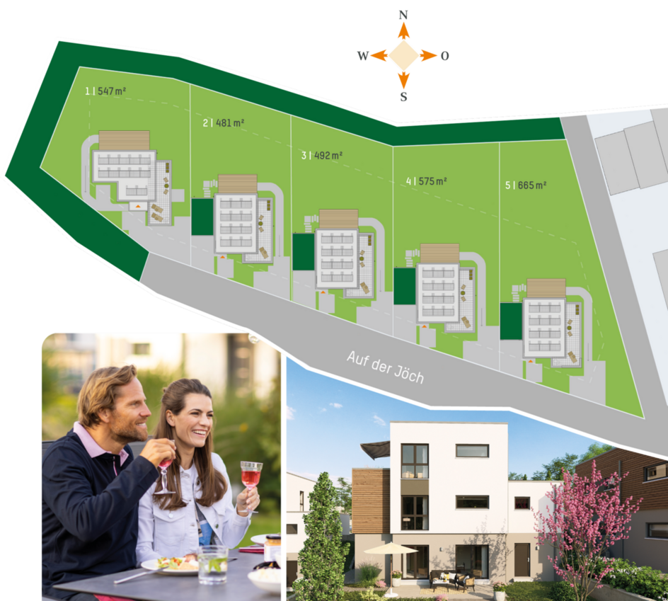 Lageplan mit fünf Grundstücken und modernen Häusern entlang der Straße 'Auf der Jöch' sowie zwei Fotos, eines mit einem Paar beim Essen und eines von einem modernen, mehrstöckigen FingerHaus Fertighaus mit Holz- und Putzfassade und blühendem Baum im Vordergrund.