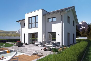 FingerHaus SENTO 403 – modernes Einfamilienhaus mit Satteldach, weißer Fassade und anthrazitfarbenen Akzenten. Auffällig sind der Fassadenversatz, ein Erker mit Flachdach und große Fensterflächen. Im Garten sind Terrasse, Rasen und Hecke sichtbar.