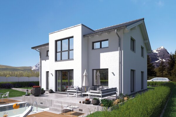 FingerHaus SENTO 403 – modernes Einfamilienhaus mit Satteldach, weißer Fassade und anthrazitfarbenen Akzenten. Auffällig sind der Fassadenversatz, ein Erker mit Flachdach und große Fensterflächen. Im Garten sind Terrasse, Rasen und Hecke sichtbar.