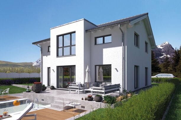 FingerHaus SENTO 403 – modernes Einfamilienhaus mit Satteldach, weißer Fassade und anthrazitfarbenen Akzenten. Auffällig sind der Fassadenversatz, ein Erker mit Flachdach und große Fensterflächen. Im Garten sind Terrasse, Rasen und Hecke sichtbar.