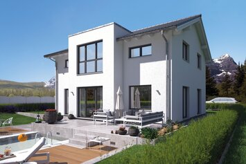 FingerHaus SENTO 403 – modernes Einfamilienhaus mit Satteldach, weißer Fassade und anthrazitfarbenen Akzenten. Auffällig sind der Fassadenversatz, ein Erker mit Flachdach und große Fensterflächen. Im Garten sind Terrasse, Rasen und Hecke sichtbar.