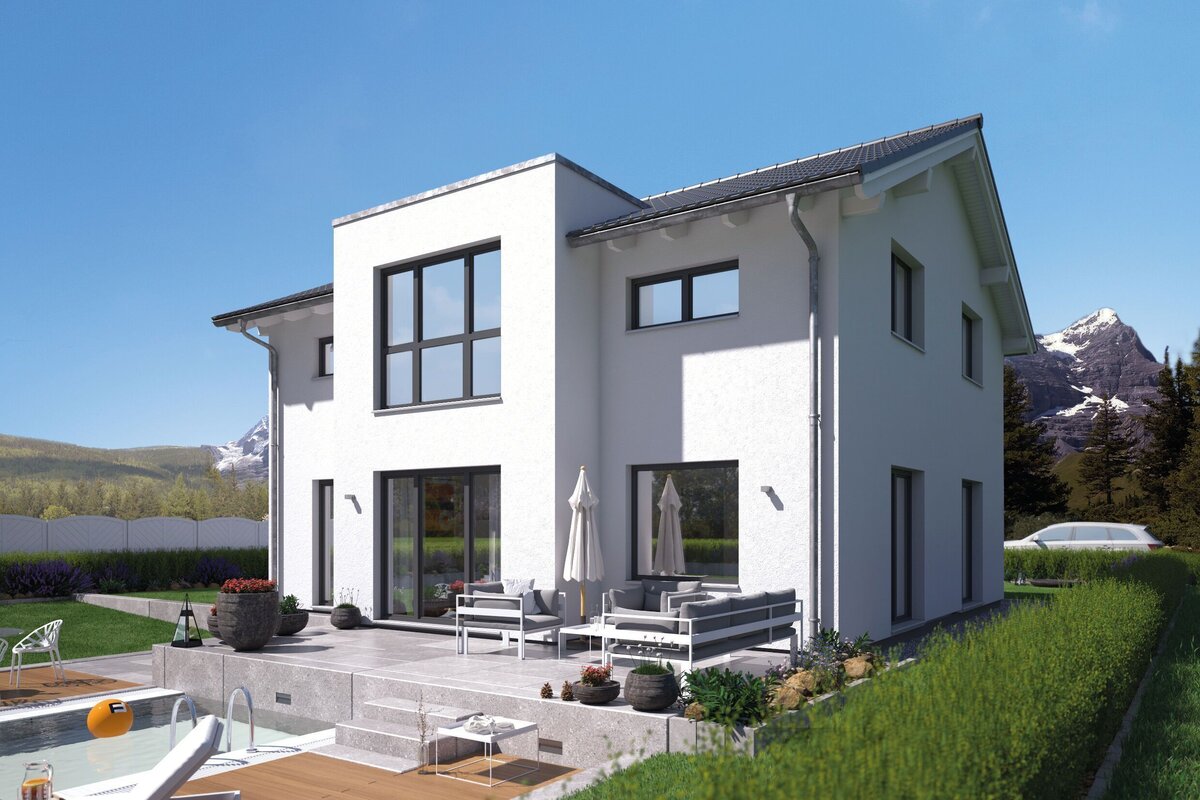 FingerHaus SENTO 403 – modernes Einfamilienhaus mit Satteldach, weißer Fassade und anthrazitfarbenen Akzenten. Auffällig sind der Fassadenversatz, ein Erker mit Flachdach und große Fensterflächen. Im Garten sind Terrasse, Rasen und Hecke sichtbar.