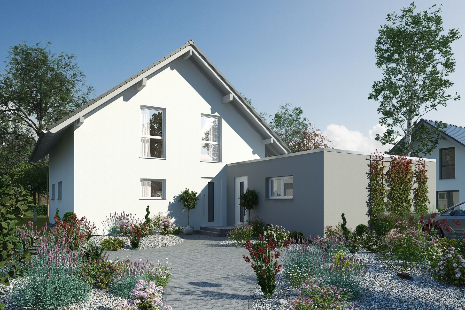 FingerHaus ALTERO 7-2 – Einfamilienhaus mit Einliegerwohnung, Satteldach und heller Fassade. Im Vorgarten befinden sich Pflastersteine, Beete mit Zierpflanzen und ein geradliniger Eingangsbereich.