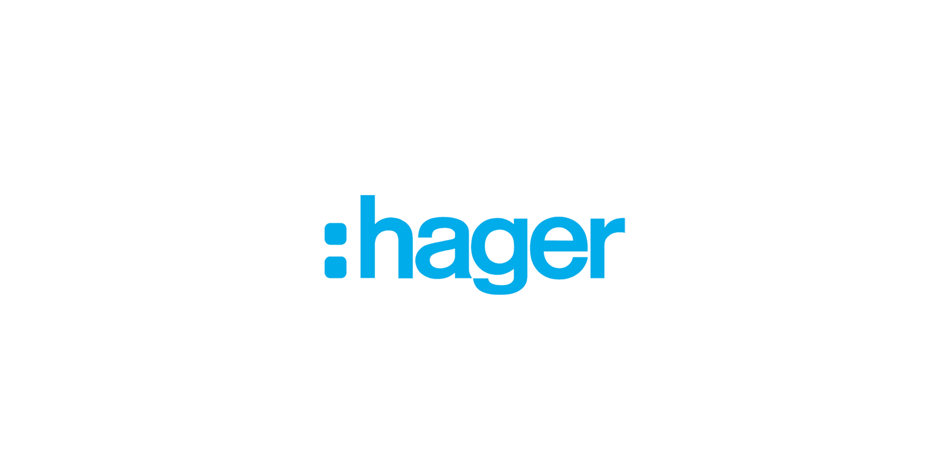 Logo „hager“ mit blauem Schriftzug und Doppelpunkt-Symbol auf hellem Hintergrund