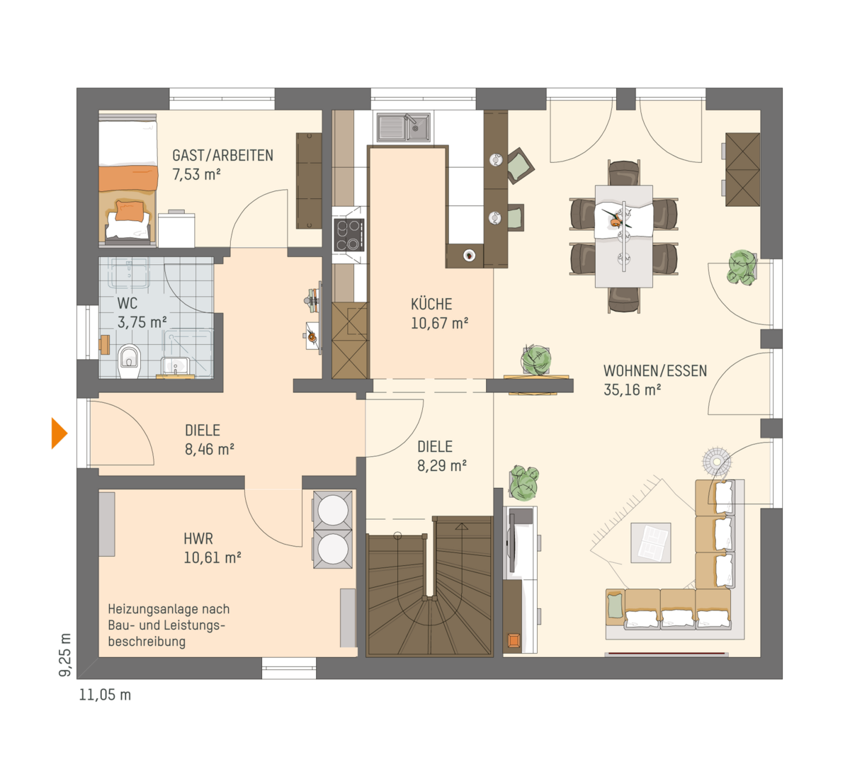 Linienzeichnung des Grundrisses vom FingerHaus Einfamilienhaus MEDLEY 400 mit beschrifteten Räumen wie Wohnen/Essen, Küche, Gast/Arbeiten, WC und Hauswirtschaftsraum.