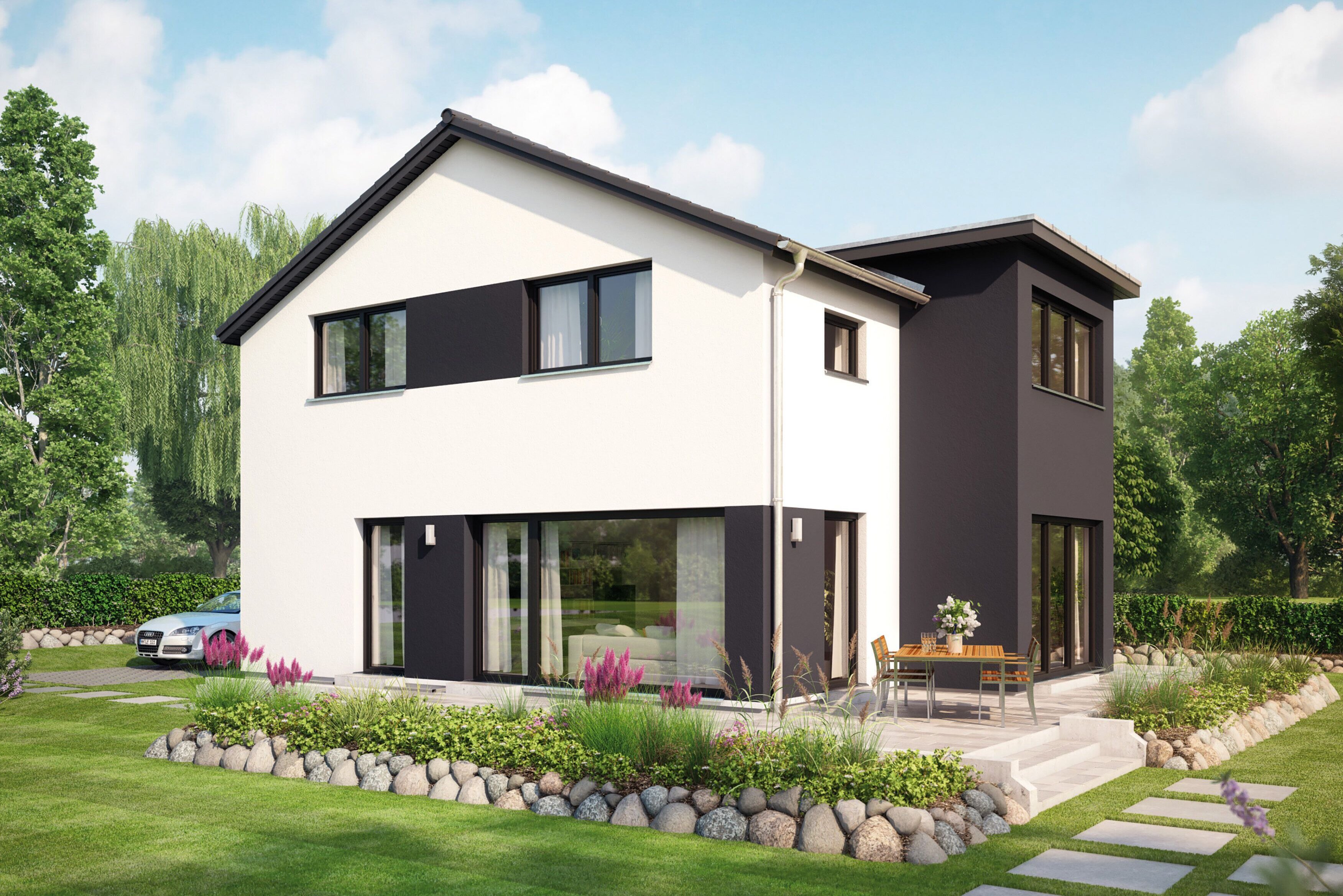 FingerHaus MEDLEY 411 – modernes Einfamilienhaus mit weiß-grauer Fassade, Satteldach und großen Fenstern. Im Vordergrund ein gepflegter Garten mit Rasen, Blumenbeeten, Steinweg und kleinem Sandspielbereich.