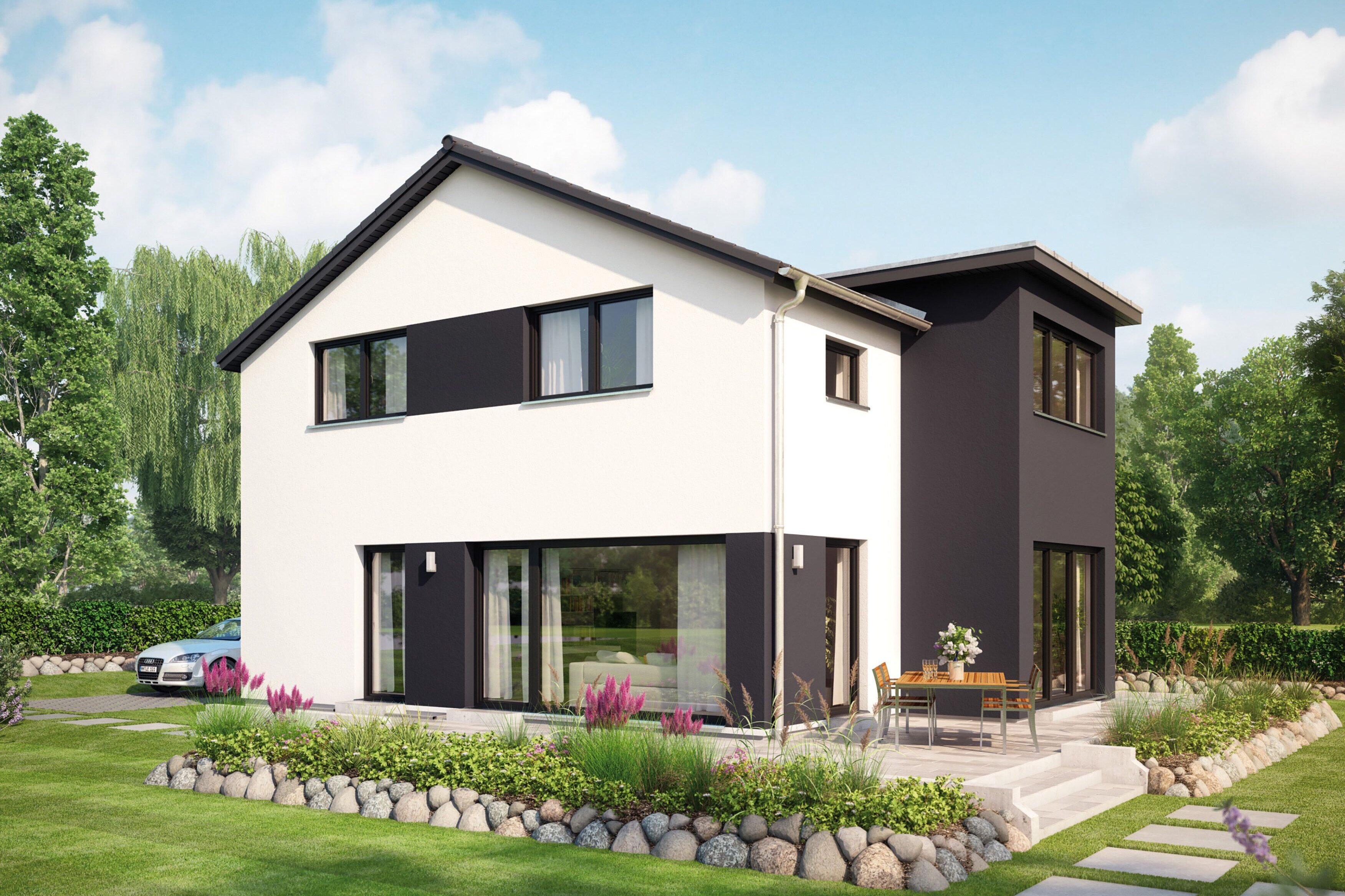 FingerHaus MEDLEY 411 – modernes Einfamilienhaus mit weiß-grauer Fassade, Satteldach und großen Fenstern. Im Vordergrund ein gepflegter Garten mit Rasen, Blumenbeeten, Steinweg und kleinem Sandspielbereich.