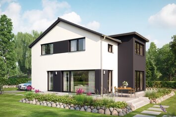 FingerHaus MEDLEY 411 – modernes Einfamilienhaus mit weiß-grauer Fassade, Satteldach und großen Fenstern. Im Vordergrund ein gepflegter Garten mit Rasen, Blumenbeeten, Steinweg und kleinem Sandspielbereich.