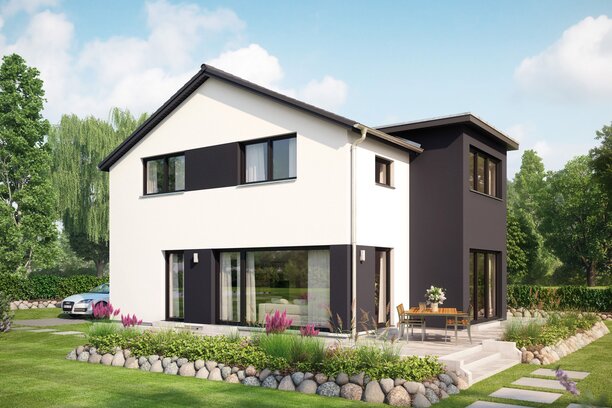 FingerHaus MEDLEY 411 – modernes Einfamilienhaus mit weiß-grauer Fassade, Satteldach und großen Fenstern. Im Vordergrund ein gepflegter Garten mit Rasen, Blumenbeeten, Steinweg und kleinem Sandspielbereich.