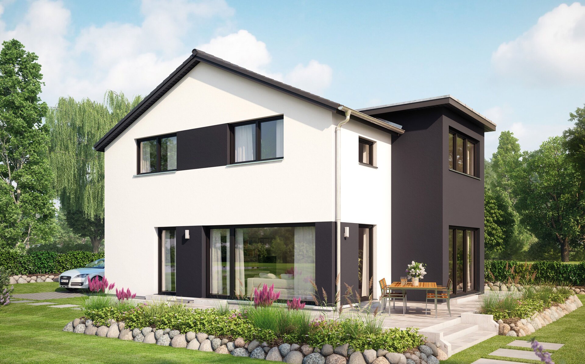FingerHaus MEDLEY 411 – modernes Einfamilienhaus mit weiß-grauer Fassade, Satteldach und großen Fenstern. Im Vordergrund ein gepflegter Garten mit Rasen, Blumenbeeten, Steinweg und kleinem Sandspielbereich.