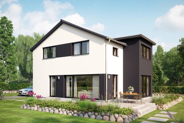 FingerHaus MEDLEY 411 – modernes Einfamilienhaus mit weiß-grauer Fassade, Satteldach und großen Fenstern. Im Vordergrund ein gepflegter Garten mit Rasen, Blumenbeeten, Steinweg und kleinem Sandspielbereich.