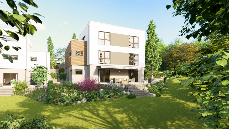 Visualisierung moderner Stadthäuser im Neubaugebiet Marburg-Wehrda mit großen Fenstern, Terrassen und bepflanzten Gärten in sonniger Hanglage.