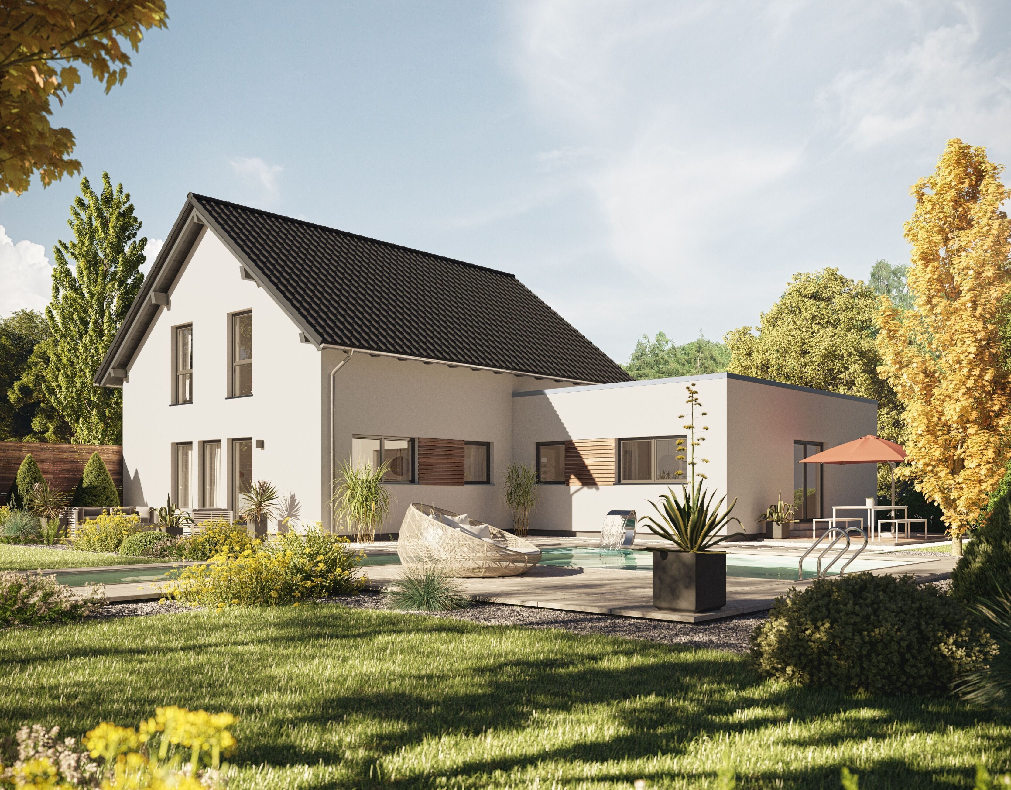 FingerHaus ALTERO 8 – modernes Einfamilienhaus mit Einliegerwohnung, Satteldach und heller Fassade. Der flach angebaute Gebäudeteil bietet zusätzlichen Wohnraum. Im Garten befinden sich Terrasse, Rasenfläche, Pflanzen und ein Sonnenschirm.