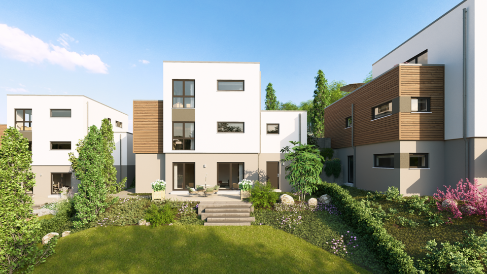Visualisierung moderner Stadtvillen im Neubaugebiet Marburg-Wehrda mit kubischer Architektur, Flachdächern und einer Kombination aus weißen Fassaden und Holzverkleidungen. Im Vordergrund sind Terrassen, Pflanzen und ein blühender Baum zu sehen.