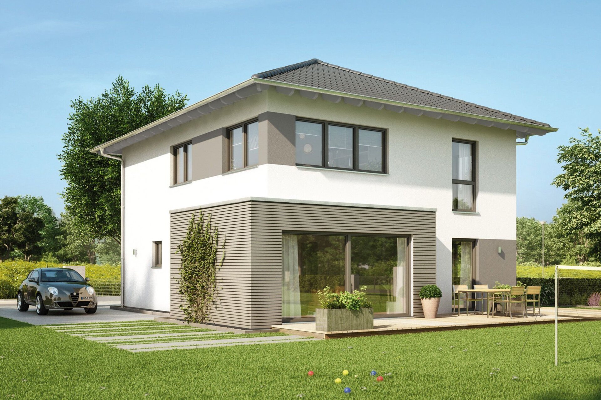 FingerHaus MEDLEY 300 – modernes zweigeschossiges Einfamilienhaus mit Walmdach, weiß-grauer Fassade und großen Fenstern. Im Vordergrund ein gepflegter Garten mit Terrasse, Rasenfläche, Sitzgruppe und Garten-Spielbereich.