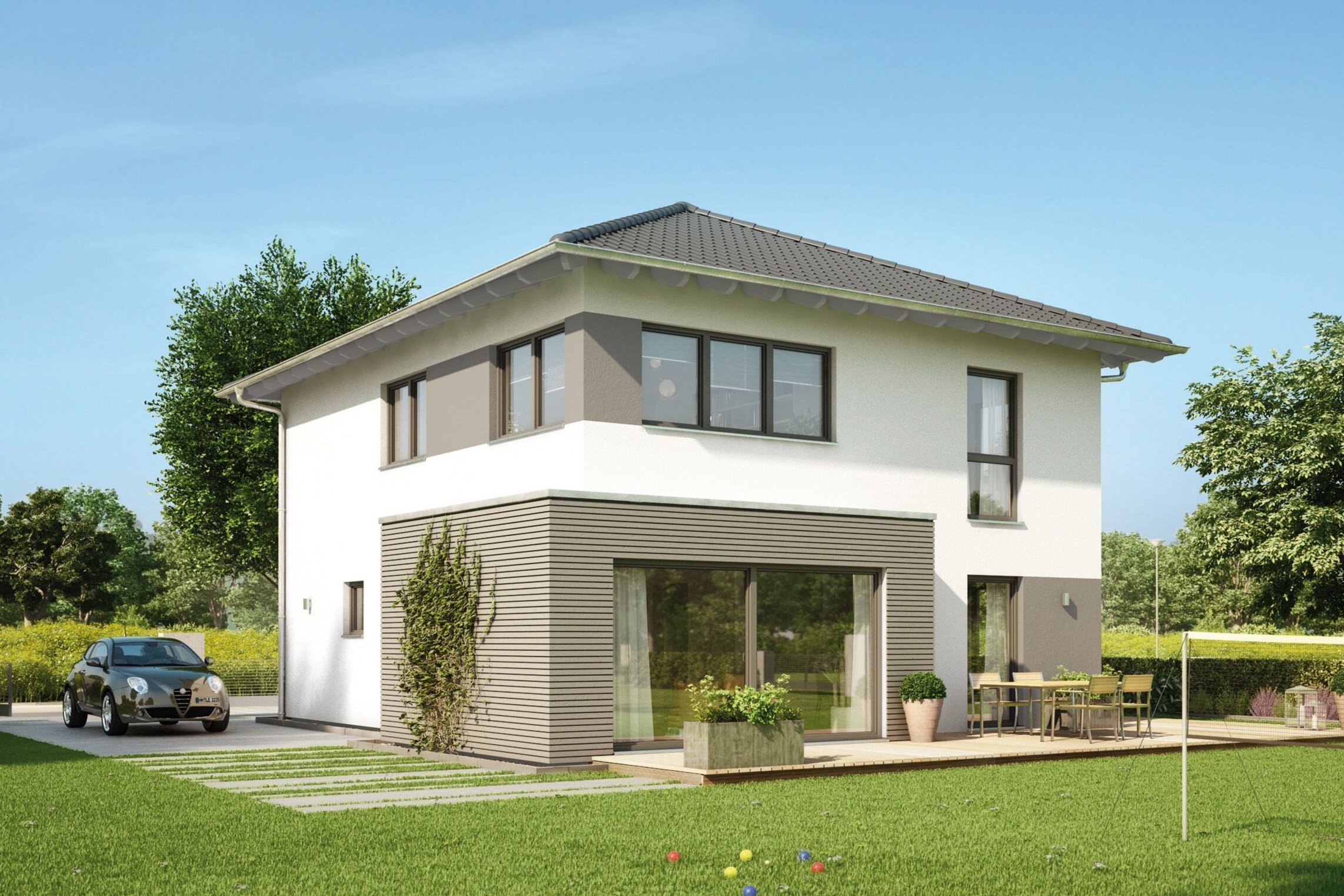 FingerHaus MEDLEY 300 – modernes zweigeschossiges Einfamilienhaus mit Walmdach, weiß-grauer Fassade und großen Fenstern. Im Vordergrund ein gepflegter Garten mit Terrasse, Rasenfläche, Sitzgruppe und Garten-Spielbereich.