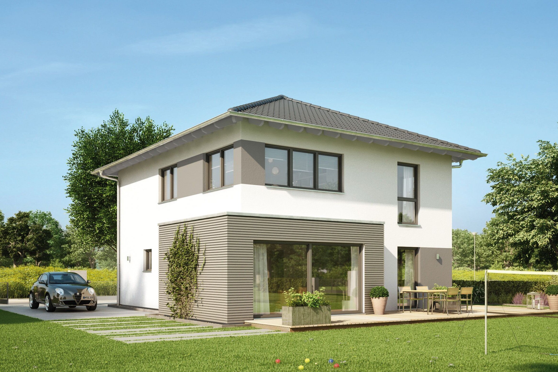 FingerHaus MEDLEY 300 – modernes zweigeschossiges Einfamilienhaus mit Walmdach, weiß-grauer Fassade und großen Fenstern. Im Vordergrund ein gepflegter Garten mit Terrasse, Rasenfläche, Sitzgruppe und Garten-Spielbereich.